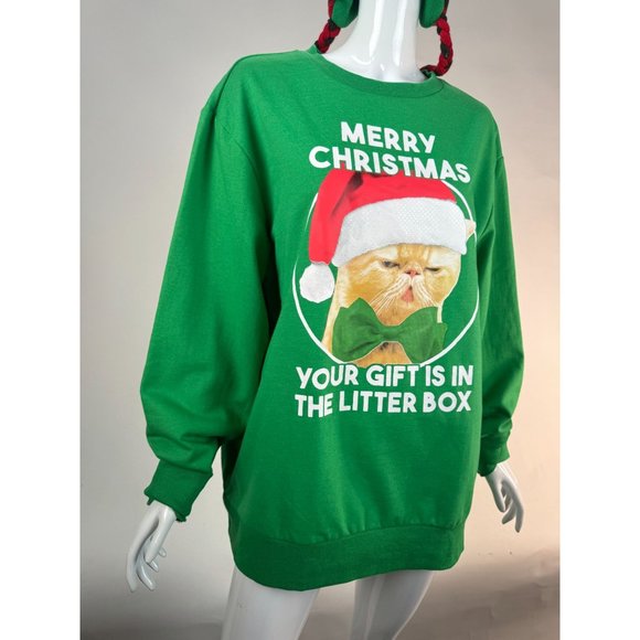 MAD Engine Ugly Christmas Holiday Cat Gift Sweatshirt Medium Green Cotton Blend - Picture 10 of 16